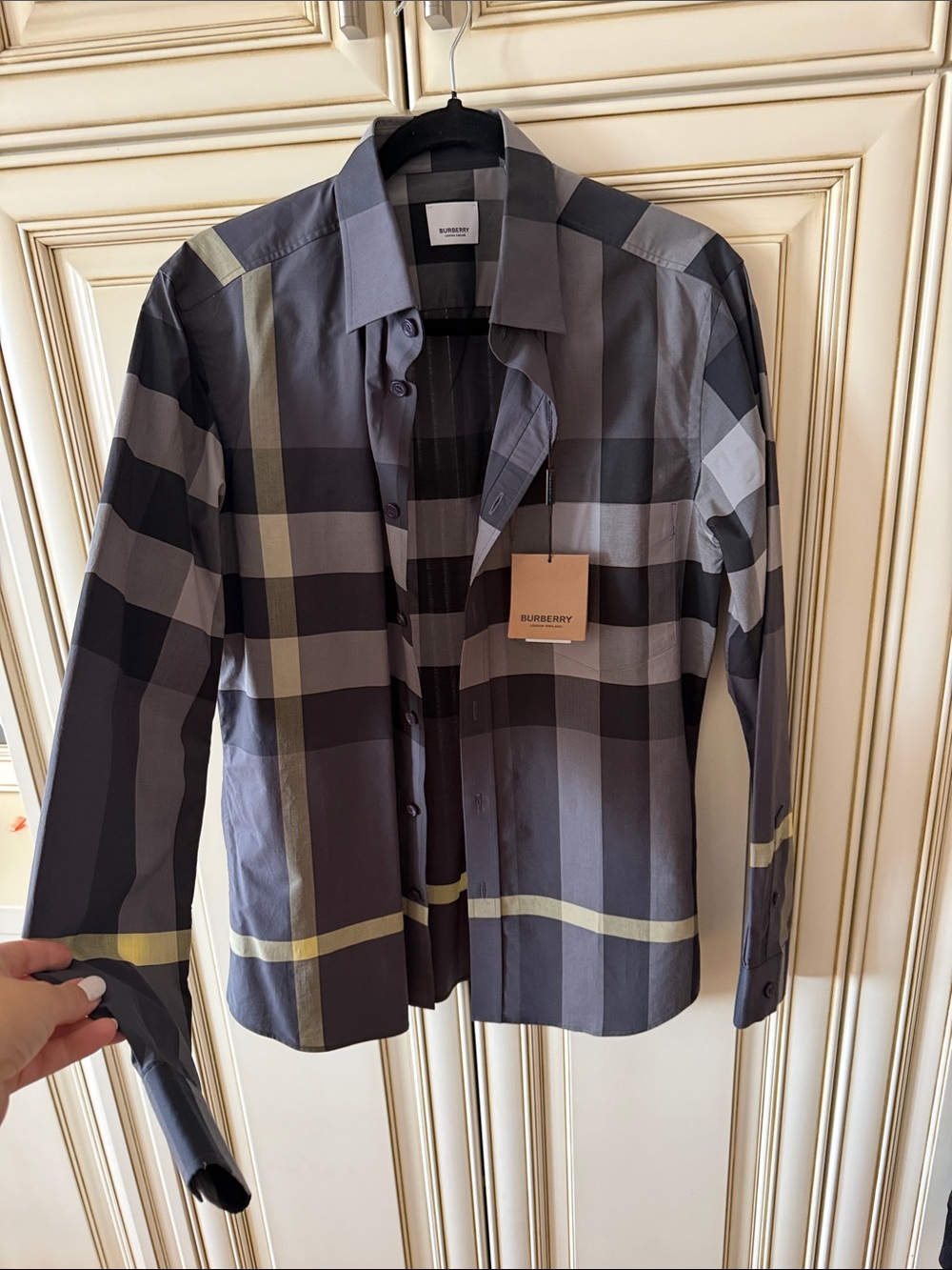 Burberry Men’s Gray and Black Check Button-Down Shirt with Subtle Yellow Accents
